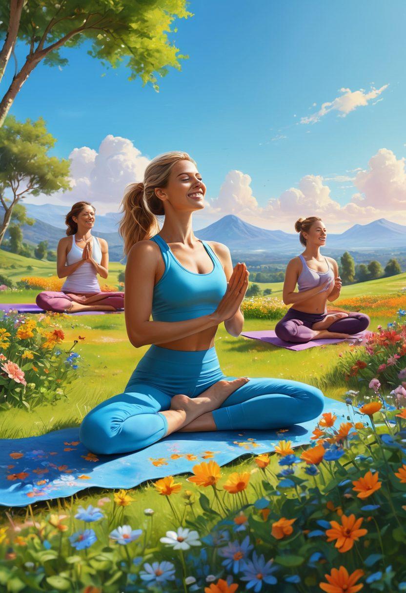 A bright, serene landscape featuring a diverse group of people engaging in joyful activities, such as yoga, painting, and laughing together under a clear blue sky. Digital devices subtly integrated into the scene, like tablets displaying quotes about positivity. Vibrant flowers and greenery enhance the cheerful ambiance, symbolizing sustenance of positive emotions. super-realistic. vibrant colors. uplifting atmosphere.