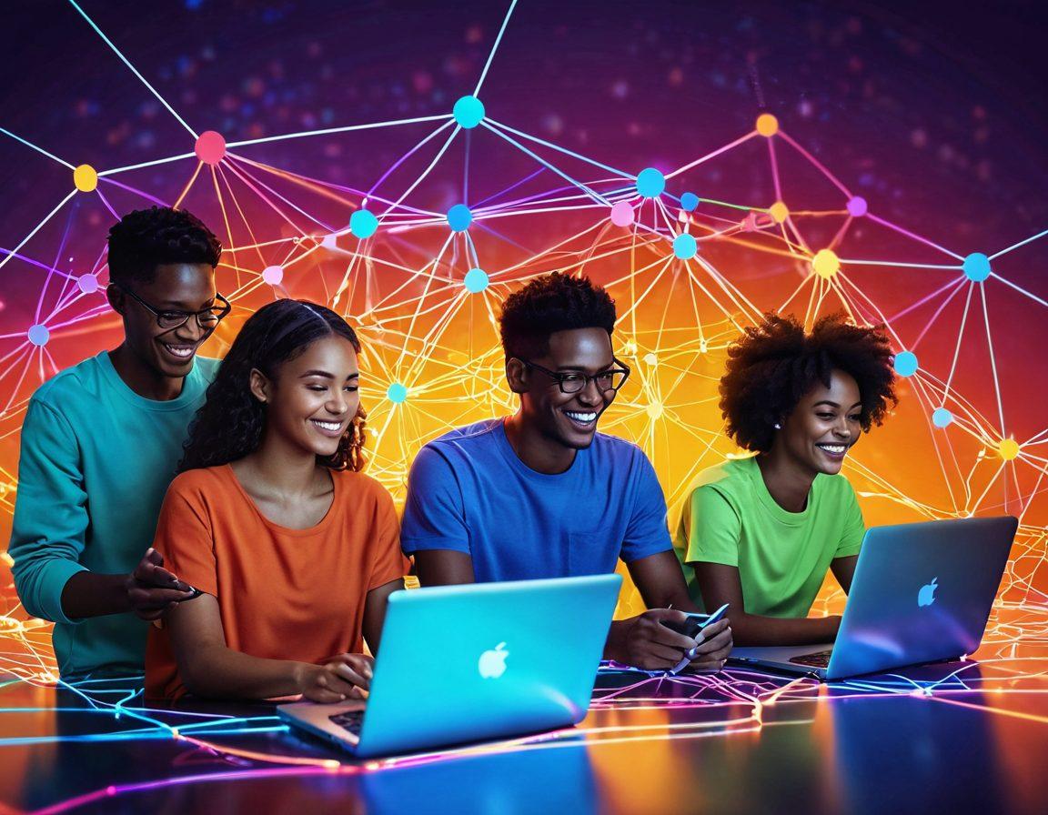 A vibrant digital scene depicting diverse people connecting through glowing networks of colorful lines and nodes, with smiles on their faces, symbolizing happiness and connection in an online world. Include elements like laptops and smartphones to emphasize technology, surrounded by bright, warmth-infused colors that evoke joy. super-realistic. vibrant colors. dynamic composition.